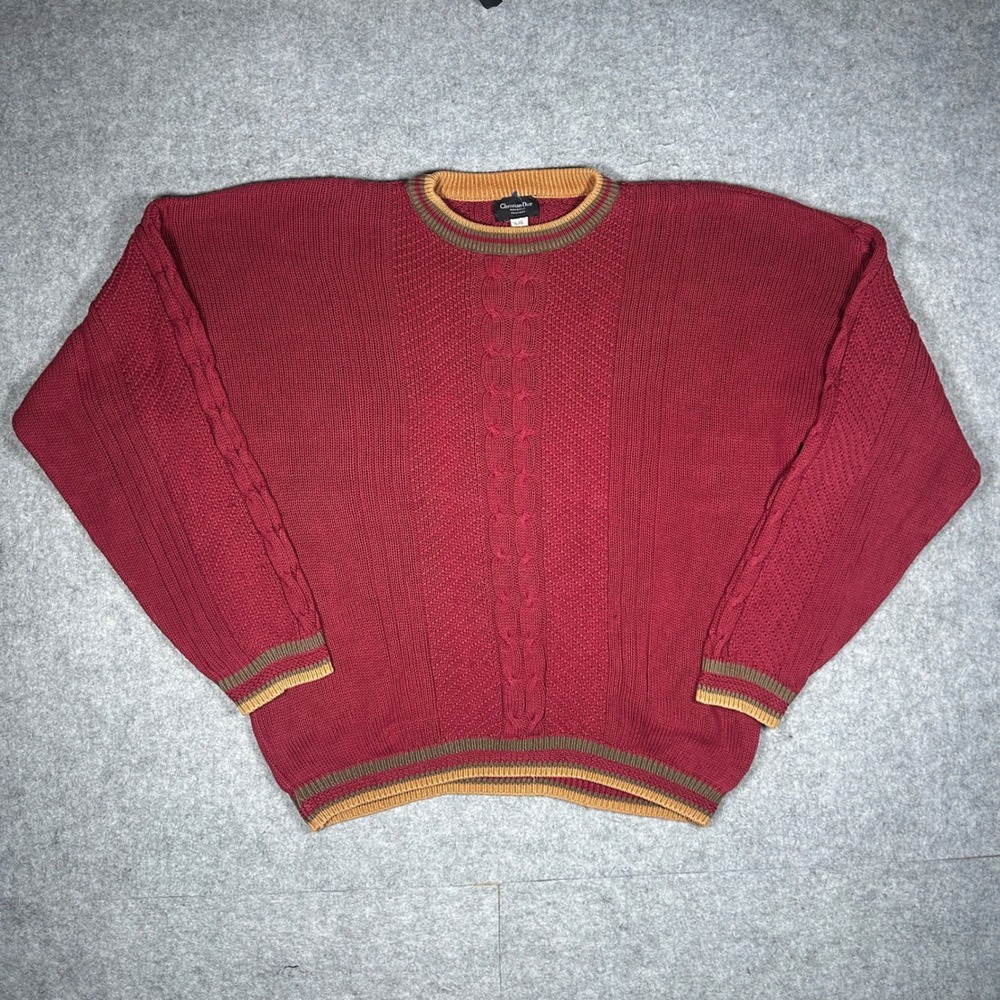 Christian Dior Monsieur Sweater Men L Red Vintage Cotton Cable Knit Pullover 80s
